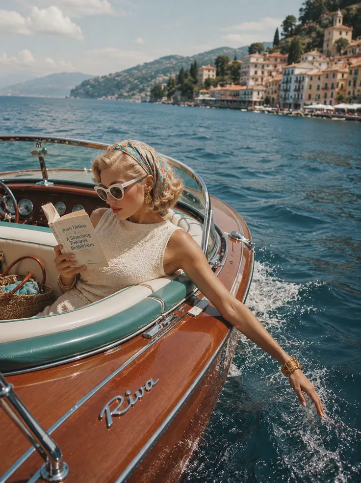Mujer leyendo en una lancha clásica frente a un pueblo costero italiano.