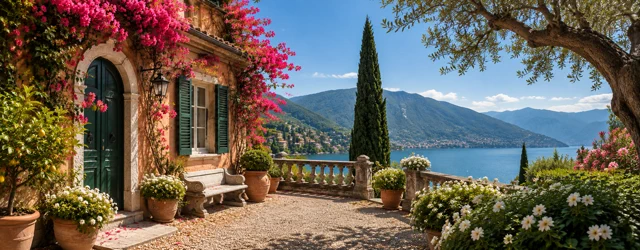 Villa mediterránea con jardín florido y vistas panorámicas al lago.