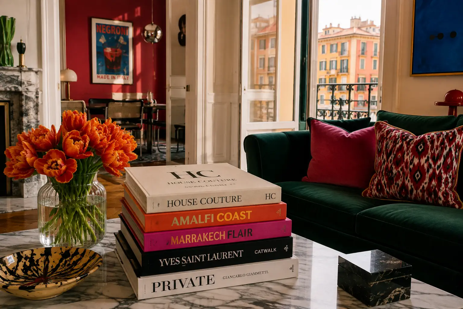 Libros de diseño y flores sobre una mesa en un salón de estilo sofisticado.