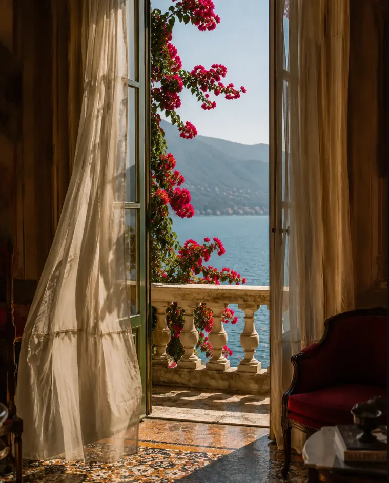 Interior con vistas al lago, inspiración House Couture